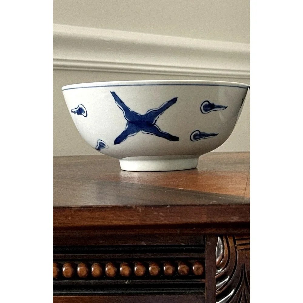 Vtg Chinese Blue & White Porcelain‎ Dragon Bowl w/ Bottom Markings